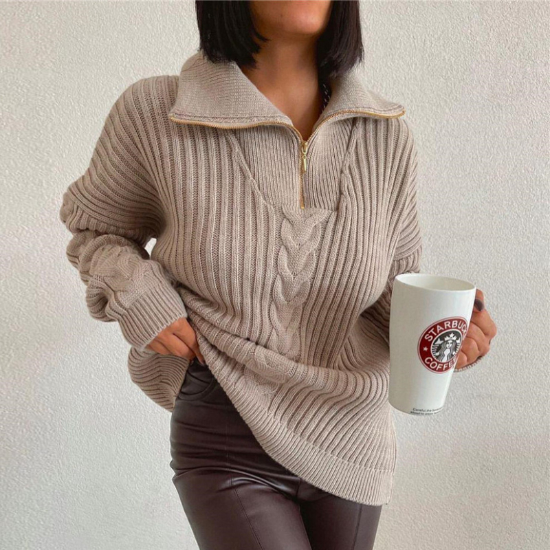 Sumuyoo POLO Neck Sweater Lapel Collar Lazy Loose Relaxation Thin Autumn Winter Pure Woman Color Knitted Zipper Pullover alx