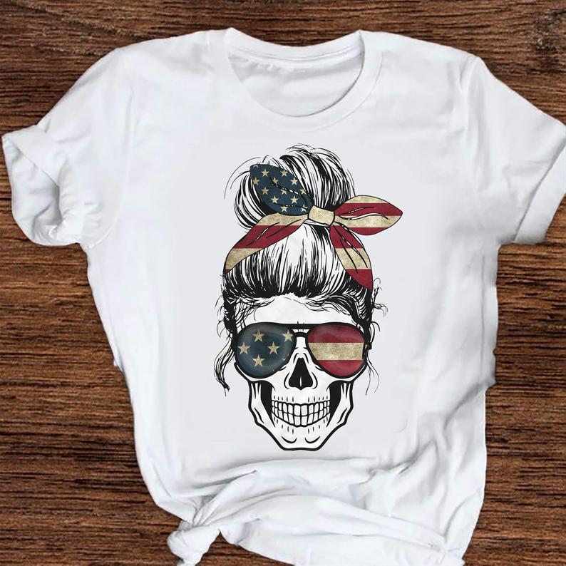 Womens American Lady Skull Usa Flag 4th Of July T Shirt Women T-Shirt Hoodie