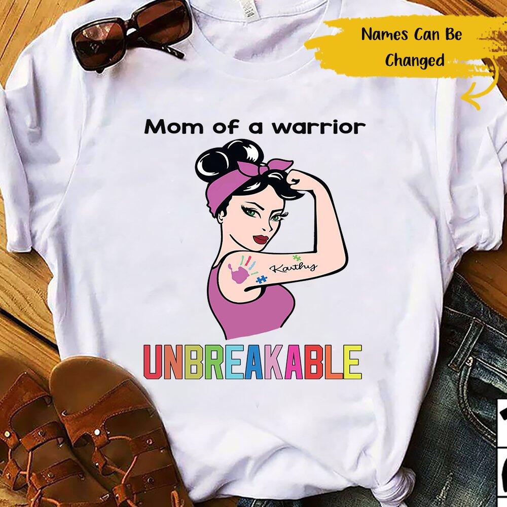 Personalized Mom Of A Warrior Unbreakable Gift Ideas Mom Autism Awareness Custom Names – Standard T-shirt