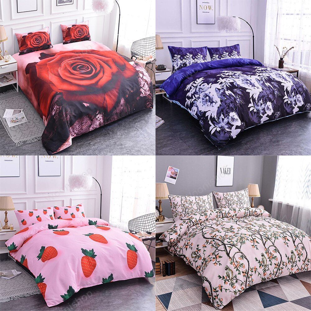 Strawberry Kawaii Bedding Set Luxury Twin Full Queen King Size Rose Flower Quilt Soft Comforter Cotton Bedding Sets