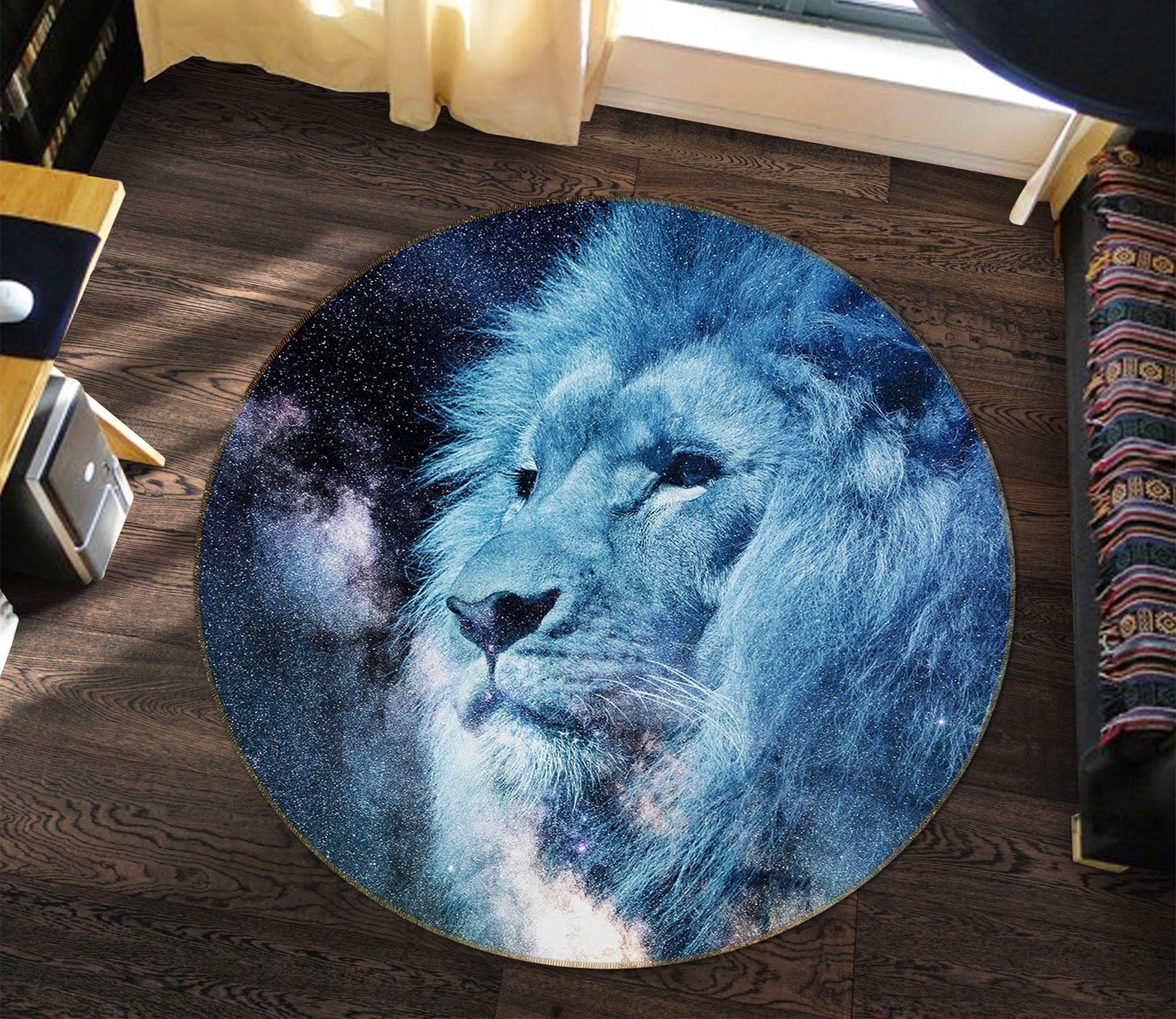 3D Quiet Lion Blue Galaxy Round Rug – Round Carpet Home Decor