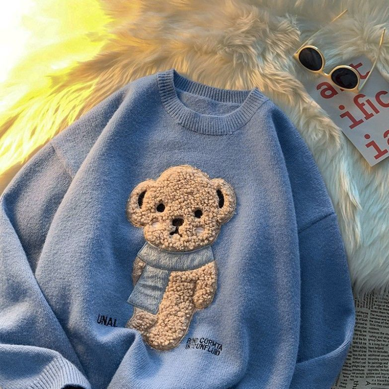 Vintage Fleece Bear Cartoon Embroidery Oversized Sweater 2022 Winter O-neck Loose Knitted Pullover Hip Hop Street Kawaii Clothes alx