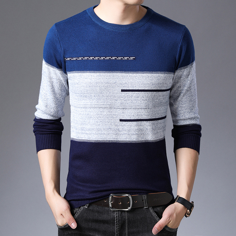 Autumn Winter Pullover Men Round Collar Striped Cotton Sweaters Slim Fit Pull Homme Knitwear 2022 alx