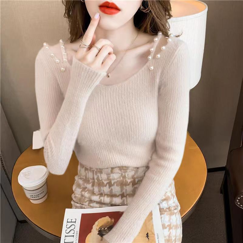 V-Neck Sweater Women’s Top Spring And Autumn New Fashion Slim Fit Beads Hollow Off Shoulder Knitwear Solid Sweater alx