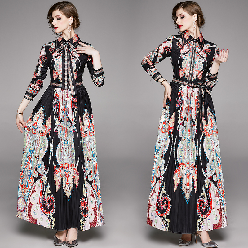 Spring Summer Fall Runway Floral Print Ruffle Collar Tie Neck Long Sleeve Empire Waist Women Ladies Casual A-Line Maxi Dress alx