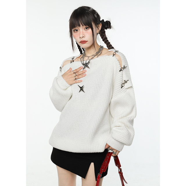 Women White Sweater Irregular Splicing Fashion Leisure Lazy Wind Loose Winter Female Long Sleeve Thickening Knitting Pullover alx