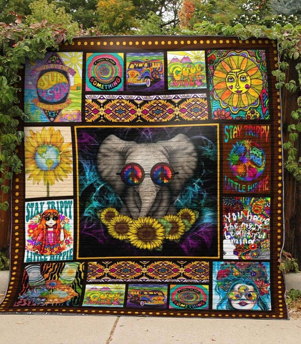 Hippie Elephant  Flowers  Stay Trippy  Quilt Blanket