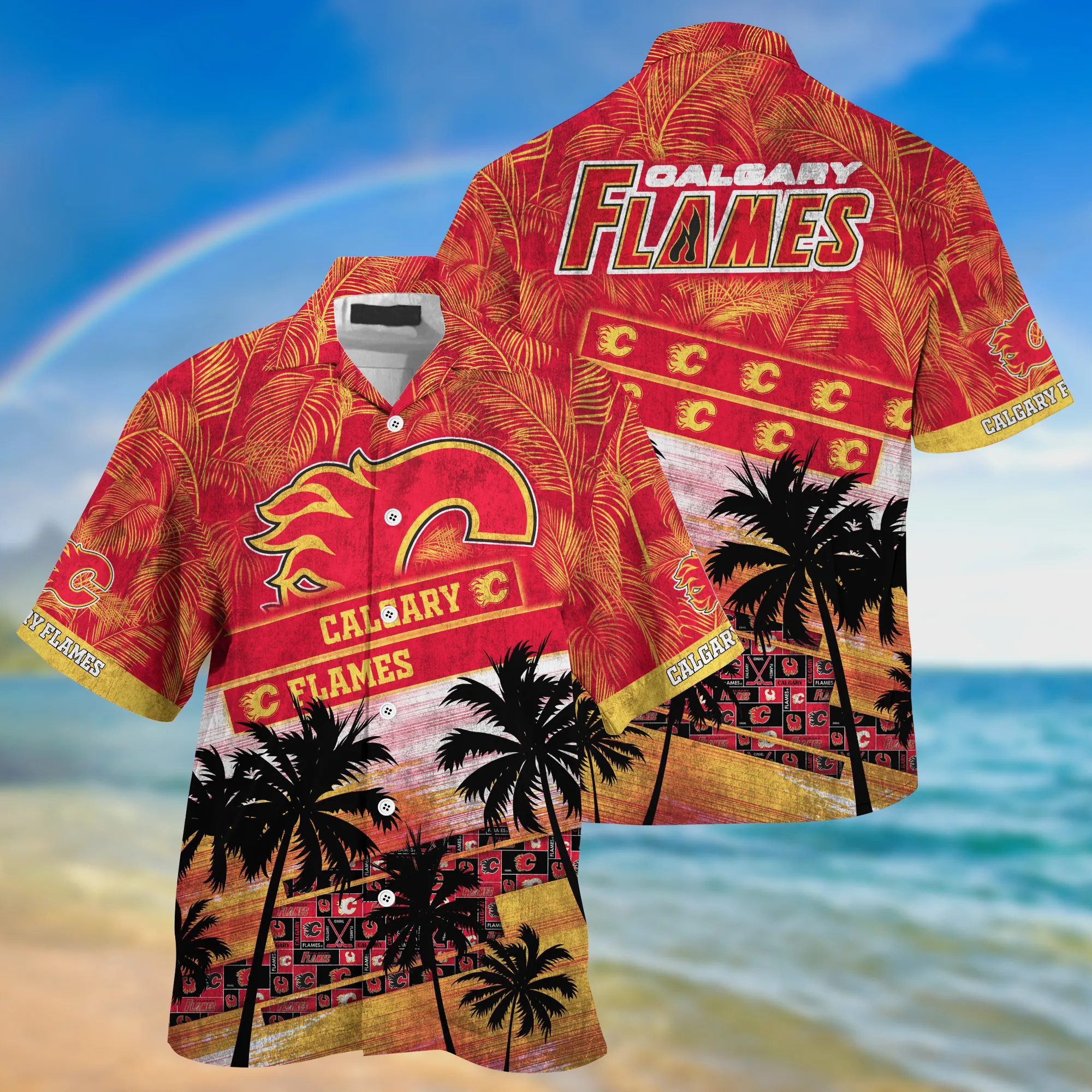 Calgary Flames Nhl Palm Tree Pattern Hawaii Shirt For Sports Fans Unisex Sport Hawaii Shirt