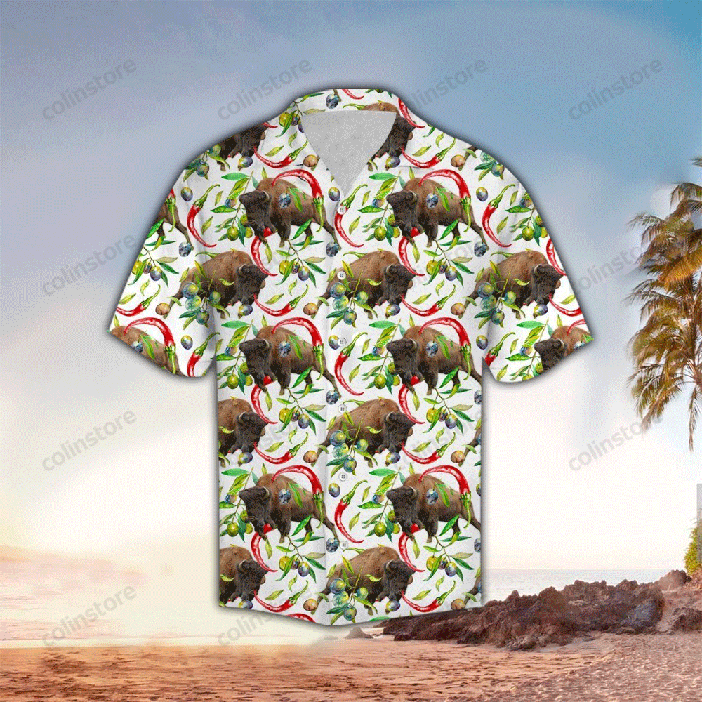 Chili Peppers And Bison Green Brown Best Unisex Hawaii Shirt Aloha Ha53180