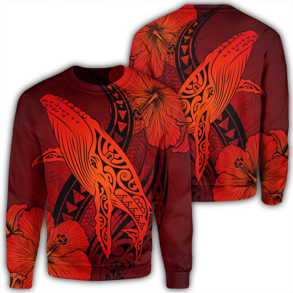 Hawaiian Map Whale Swim Hibiscus Polynesian Sweatshirt – Red