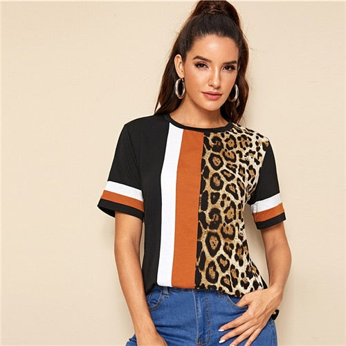 Color Block Cut-And-Sew Leopard Panel O-Neck Casual T Shirt