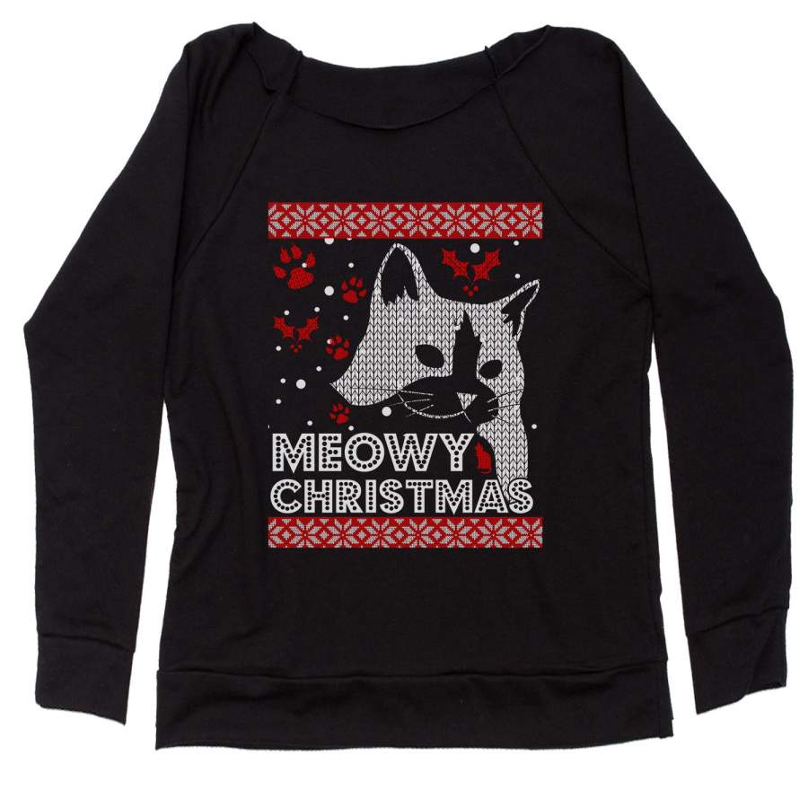 (Color) Meowy Christmas Ugly Christmas Holiday  Slouchy Off Shoulder Sweatshirt