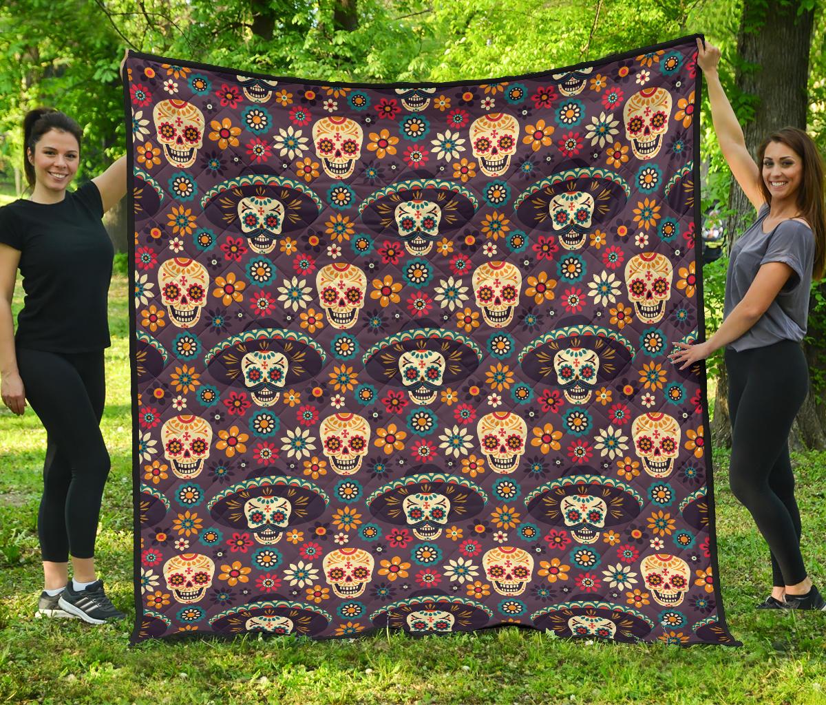 Sugar Skulls Flower Maxican Pattern Premium Quilt