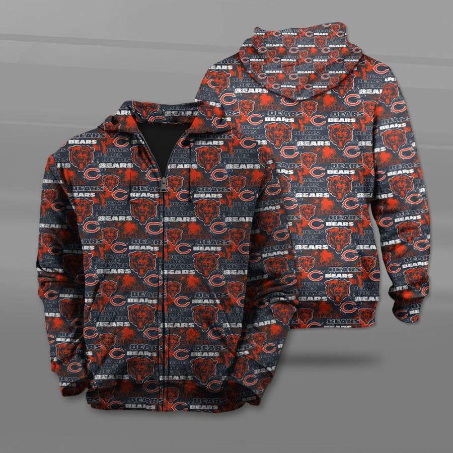 Men / Women Chicago Bears All Over Print 3D Zipper Hoodie, Chicago Bears All Over Print Logo Bears Zipper Hoodie