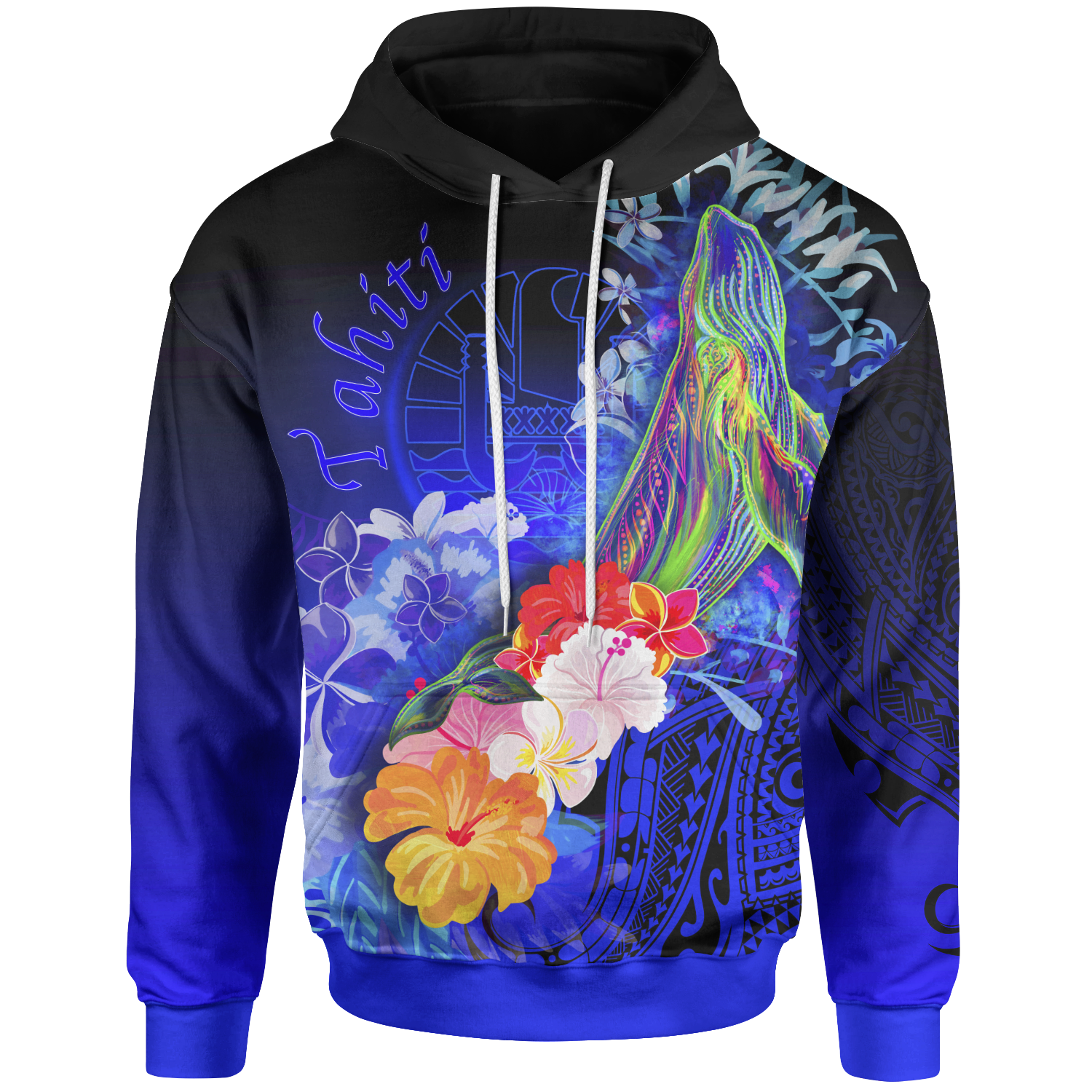 Tahiti Hoodie – Humpback Whale With Tropical Flowers (Blue)