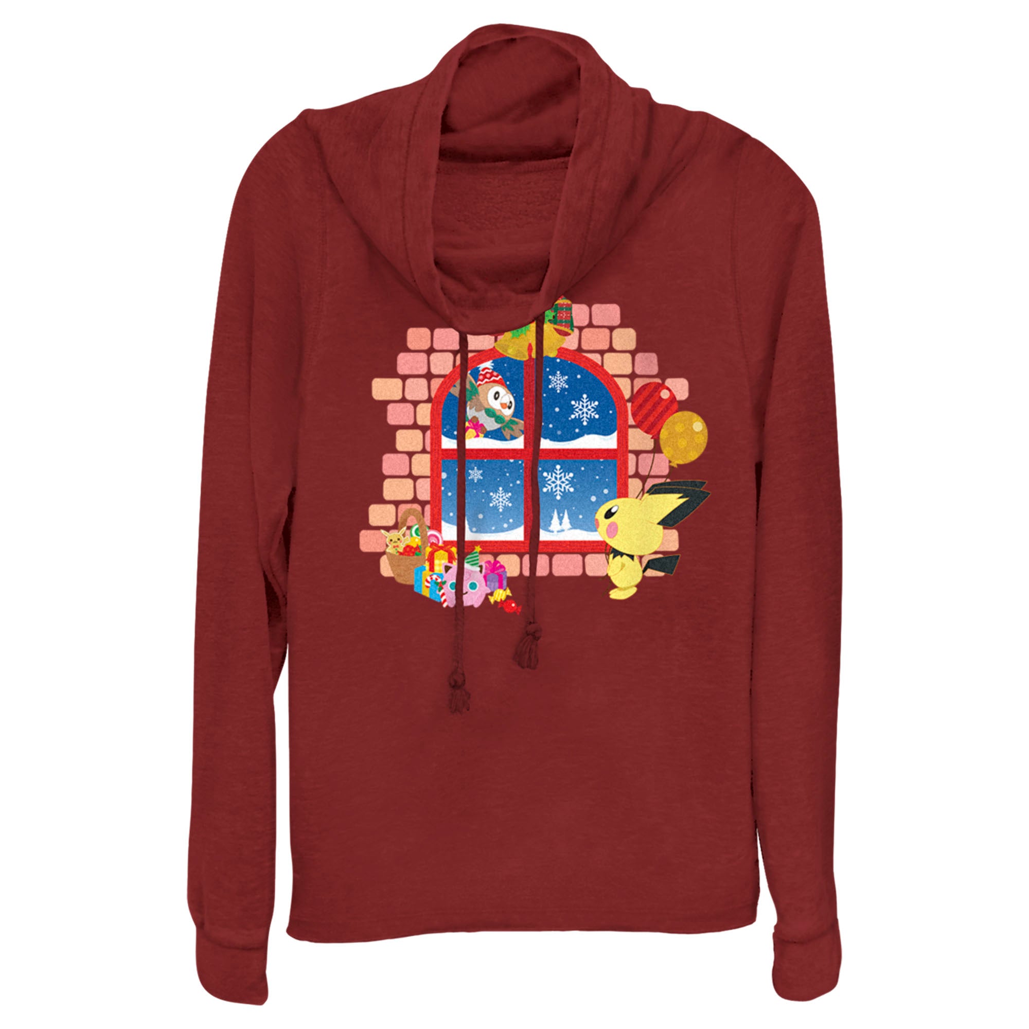 Junior’S Pokemon Christmas Window Cowl Neck Sweatshirt