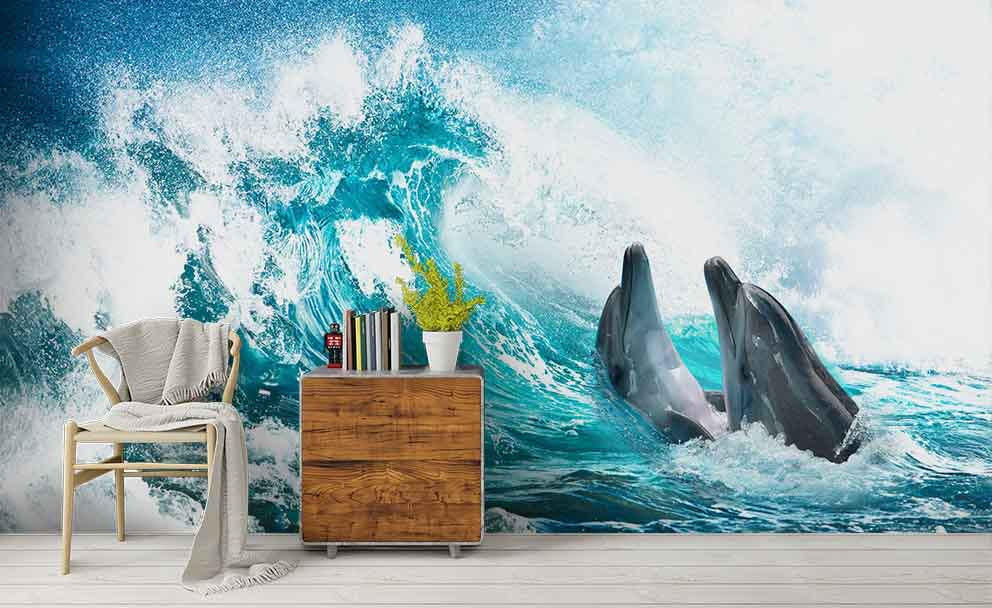 3D Sea Wave Dolphin Wall Mural Wallpaper Lqh 225