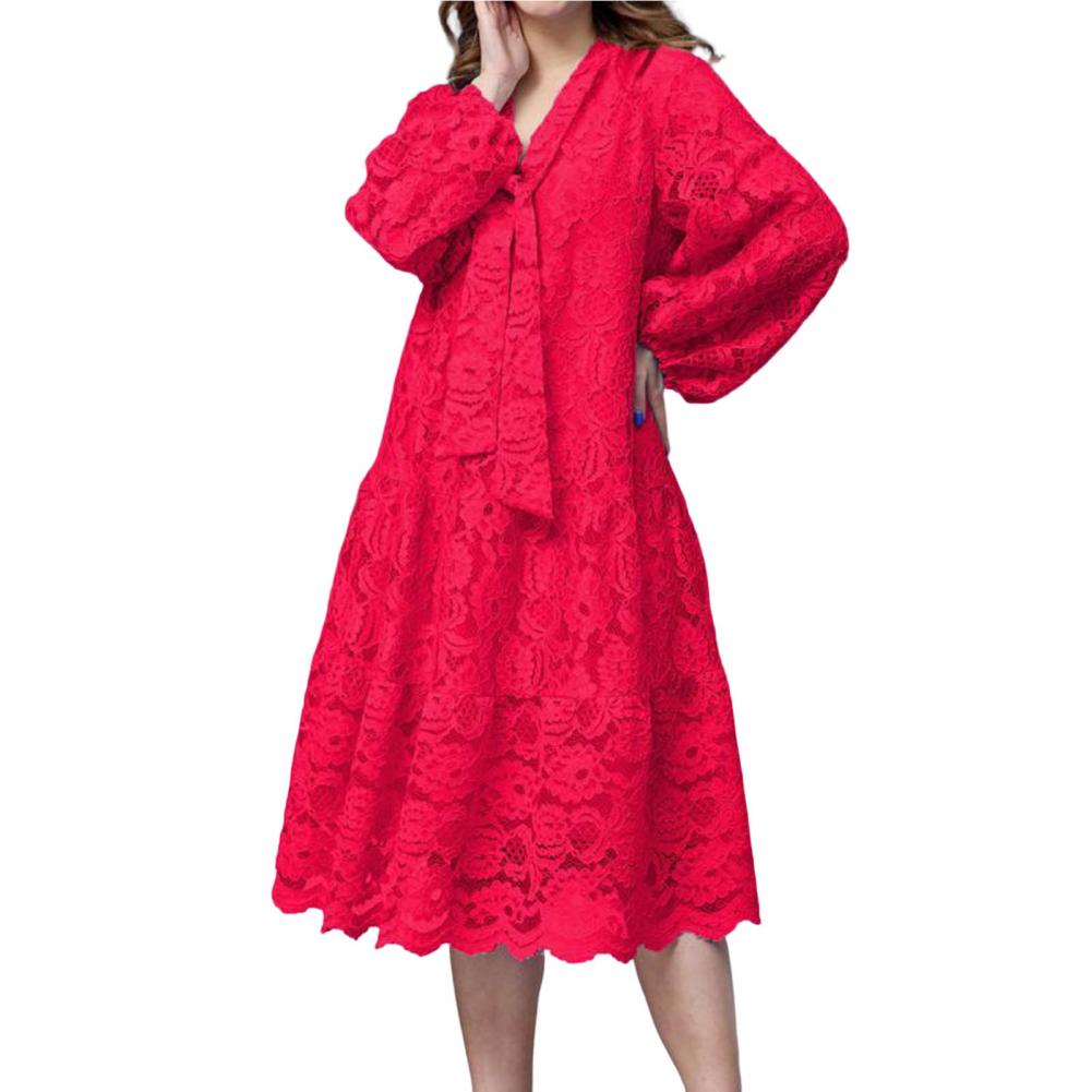 V-Neck Tied Collar Puff Long Sleeve Flowy Hem Evening Dress Elegant Floral Pattern Crochet Lace Plus Size Midi Dress Female Clot alx