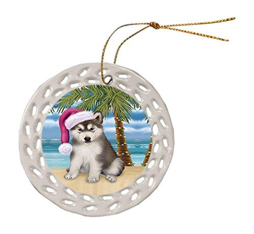 Summertime Alaskan Malamute Puppy On Beach Christmas Round Doily Ornament Por418