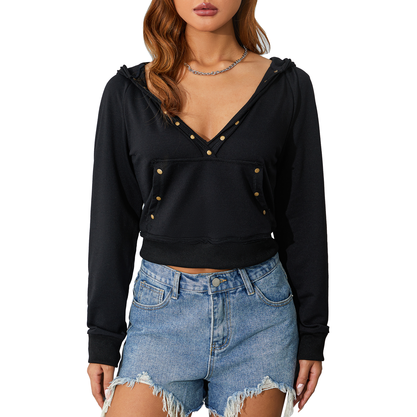 Women Deep V-Neck Hooded Short Sweatshirts Fall Long Sleeve Metal Nail Buckle Letter Embroidery Cropped Pullover Top alx