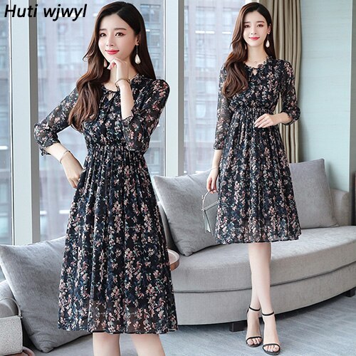 2022 Femal Vintage Floral Chiffon Midi Dresses Autumn Winter Print Long Sleeve Beach Dress Elegant Women Bodycon Party Vestidos alx