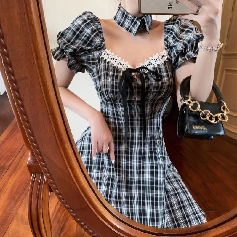 Women Short Sleeve Dress Plaid High Waist Chic Lace Tender Bow Mini Summer Slender Vintage Puff Sleeves Elegant Vestidos French alx