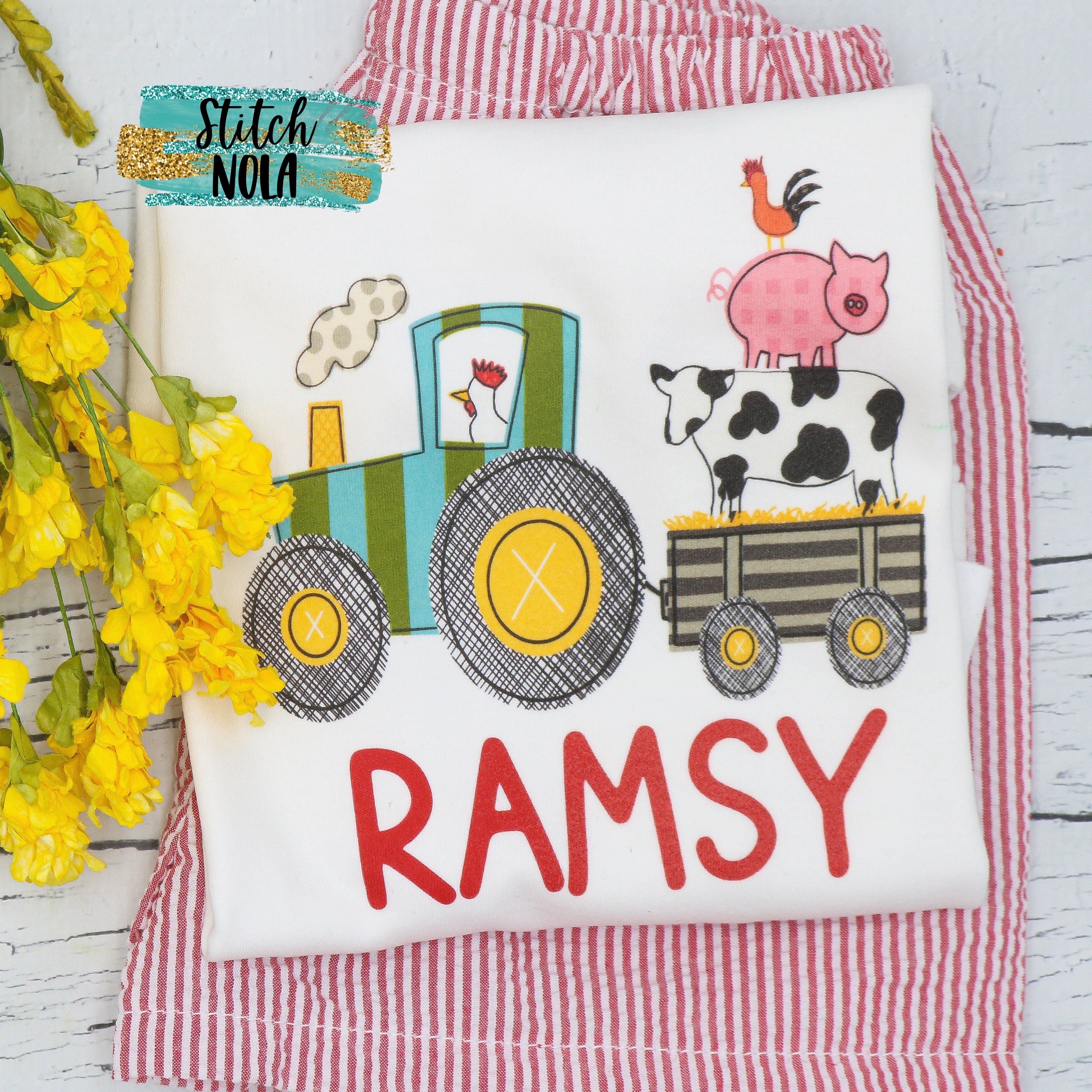 Personalized Tractor With Farm Animals Printed Shirt