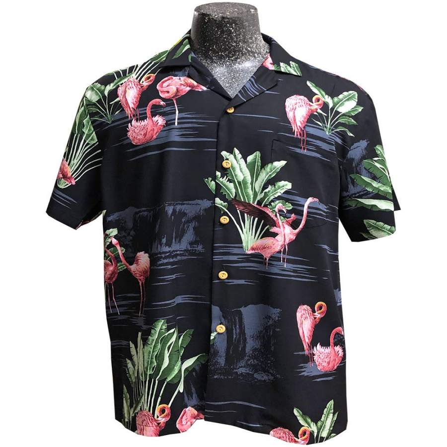 Flamingo Retreat Black Hawaiian Shirt - Pinotee Store