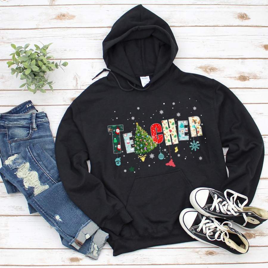 Teacher merry christmas xmas tree snow winter ornament black hoodie for men and women S-5XL