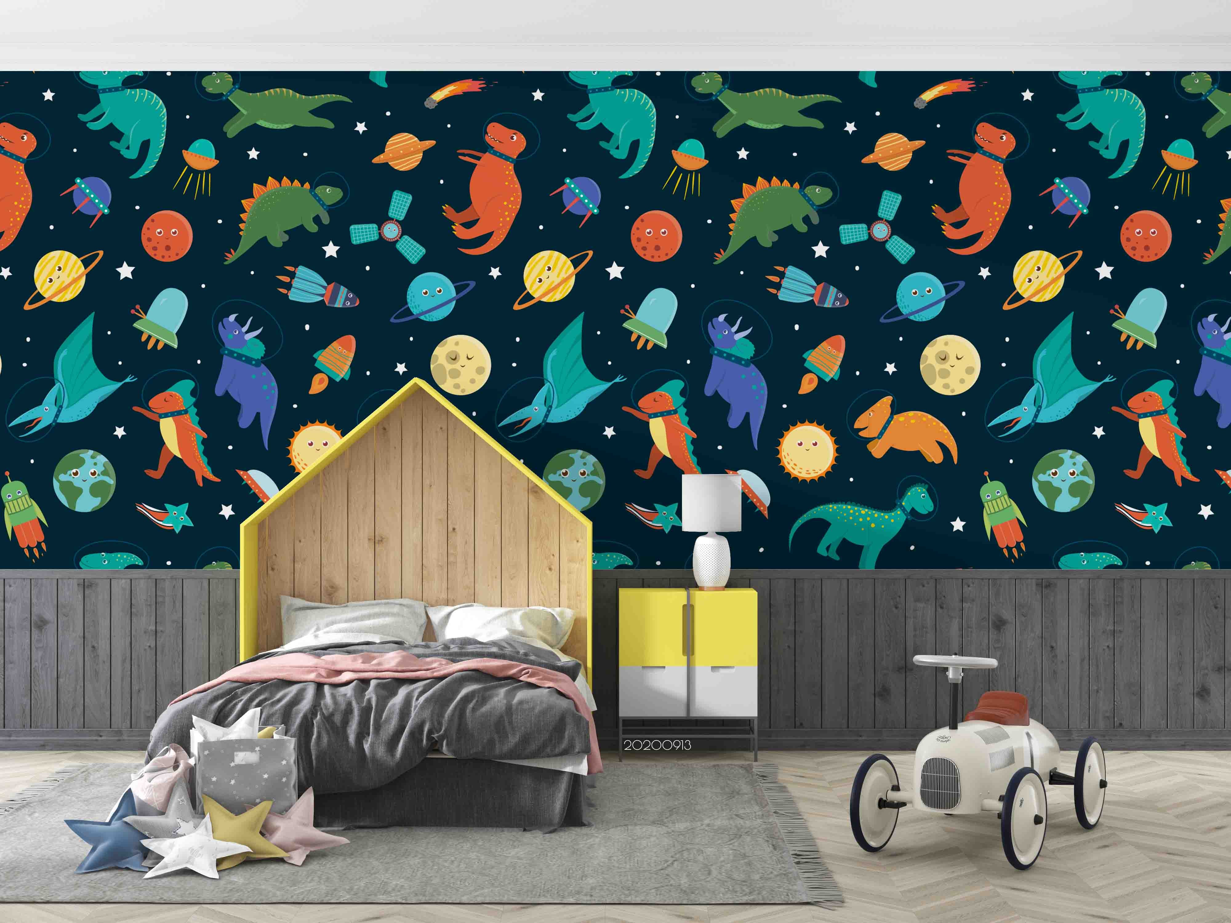 3D Space Astronaut Dinosaur Animal Rocket Planet Pattern Wall Mural Wallpaper Lxl