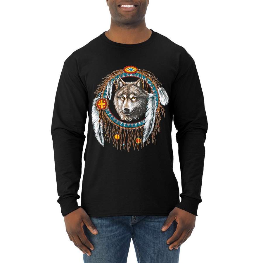 Wolf in Dream Catcher Animal Lover Mens Long Sleeve Shirt