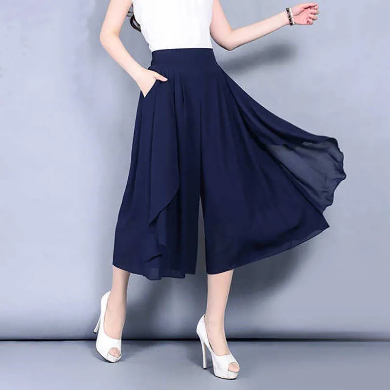 Women High Waist Chiffon Wide Leg Pants Skirt 2021 Fashion Elegants Summer Calf-Length Pants New Large Size M-4XL Loose Trousers alx