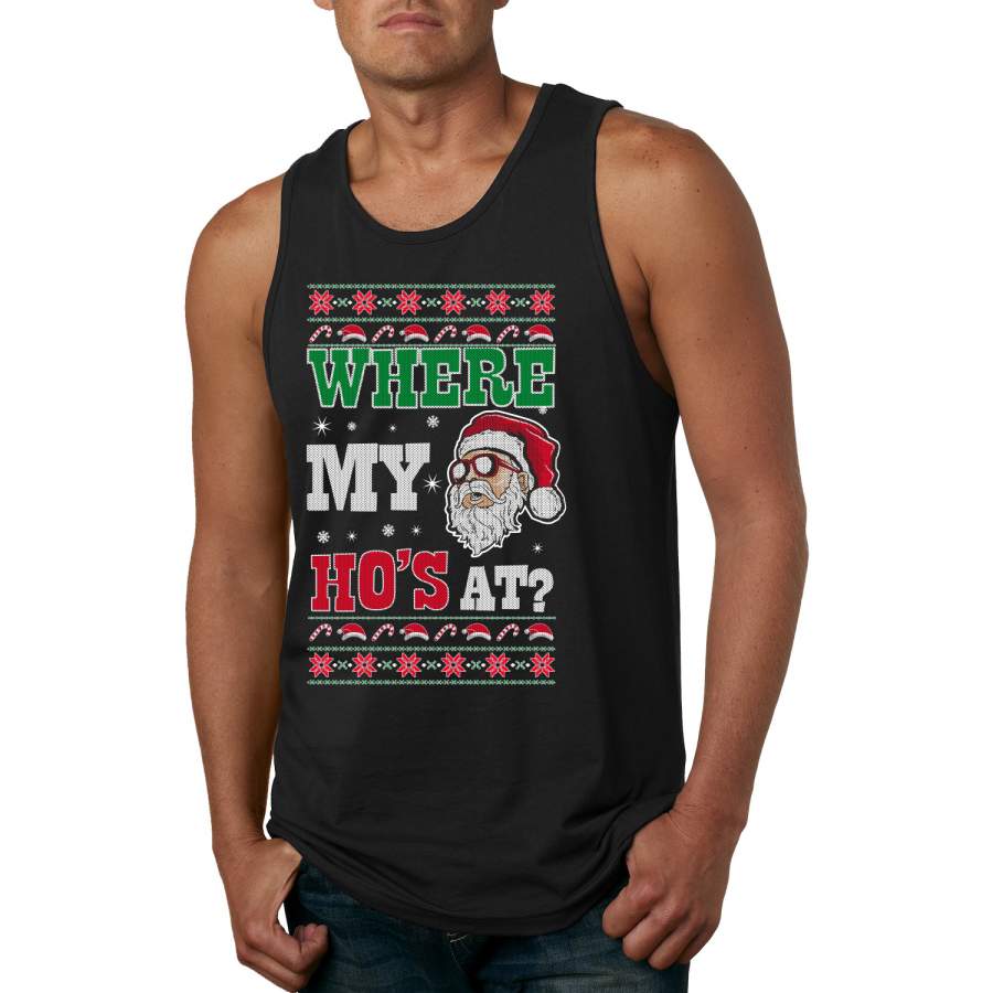 Where my Hos At Santa Funny Ugly Christmas Sweater Mens Graphic Tank Top