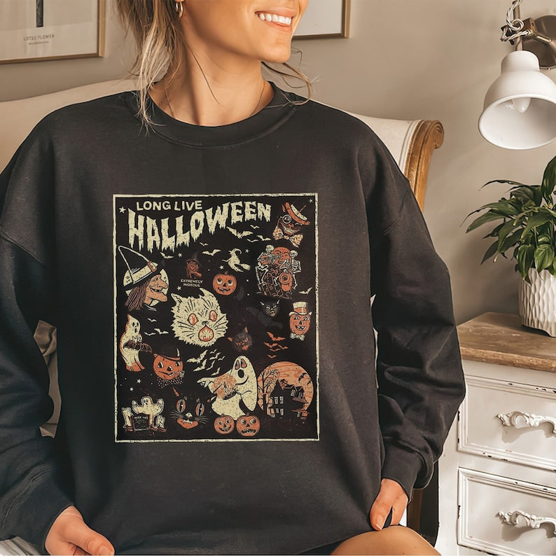 Long Live Halloween Shirt, Vintage Halloween Crewneck Sweatshirt All Over Print Sweatshirt For Women Sweatshirt For Men