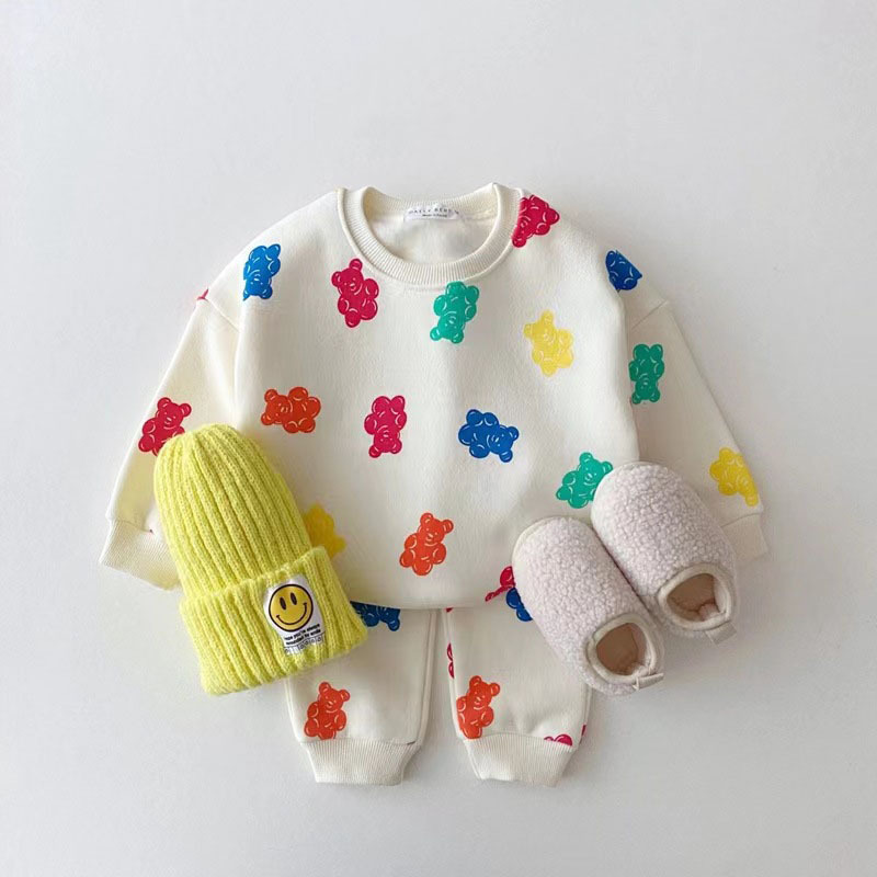 Children Girl Sweet Multicolour Candy Bear Pullover Sweatshirts Casual Thin Fleece + Loose Cotton Pants 2pc Set Girls Cute Suit alx