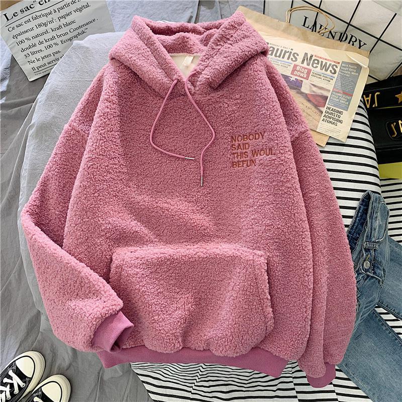 Autumn Winter Coat Pink Sweet Hooded Sorry Print Harajuku Loose Pocket Hoodies Womens Fleece Flannel Pullover Female Sweatshirt alx