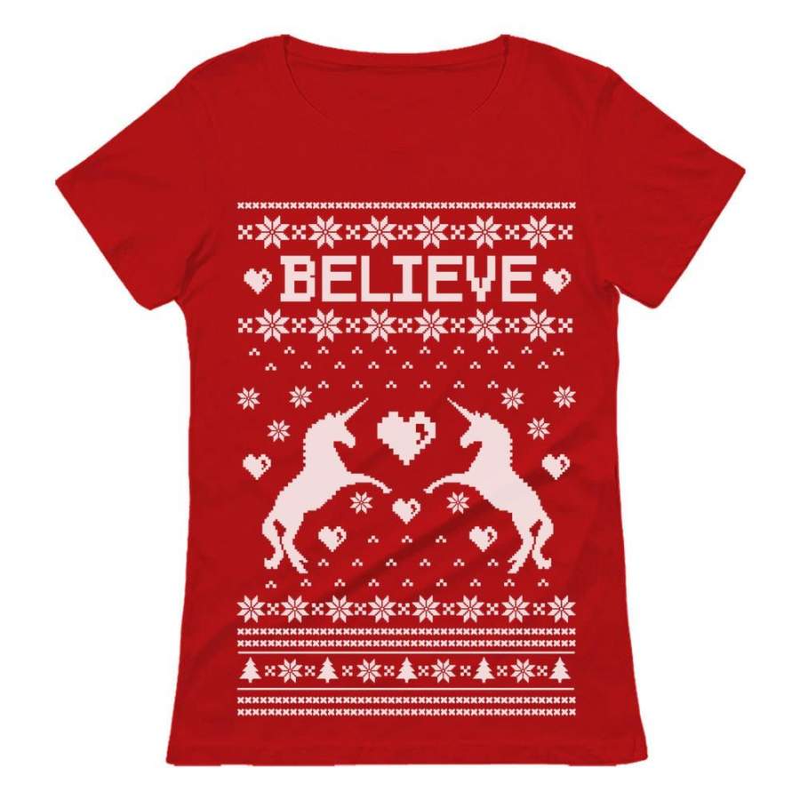 Believe in Unicorns Xmas Ugly Sweater Women T-Shirt