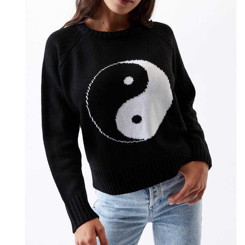 Black Sweater Knitted Printed Jacquard Pullover Woman Sweaters Long Sleeve Casual Loose Sweater England Style Fall Winter Jumper alx