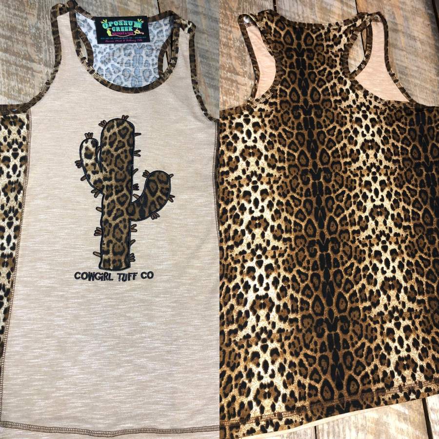 Cowgirl Tuff tan & leopard cactus tank