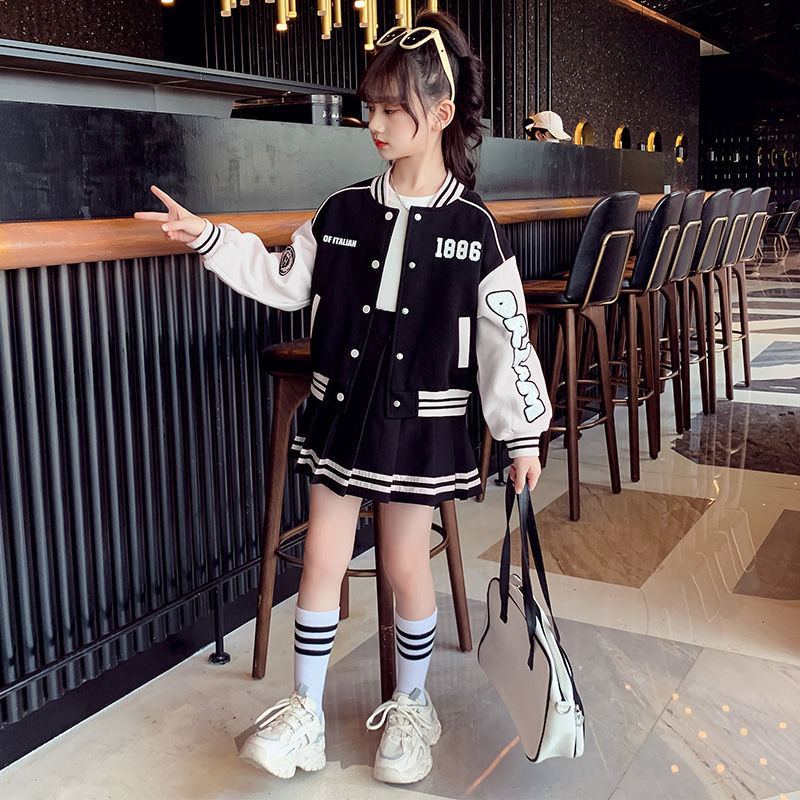 Teen Girls Autumn Suit Baseball Uniform Spring Fashion Letter Print Patchwork Jacket Coat + Pleated Skirt 2pcs JK Outfits 4-14 Y alx