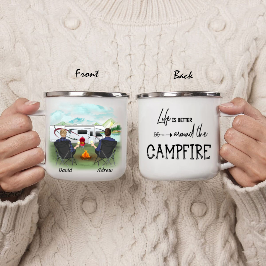 Personalized camping campfire mug, Gift for Same Sex Couple – 2 men – Life is better around the campfire