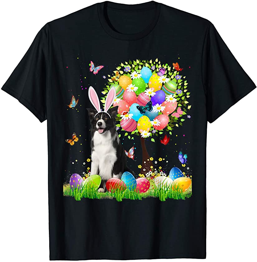 Cute Bunny Border Collie Easter Eggs Tree Easter Easter Day T-Shirt