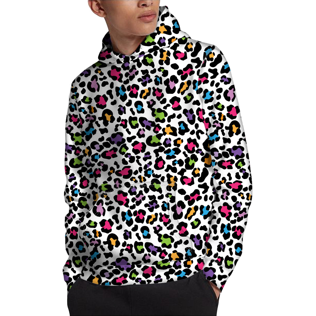 White And Rainbow Leopard Print Pullover Hoodie