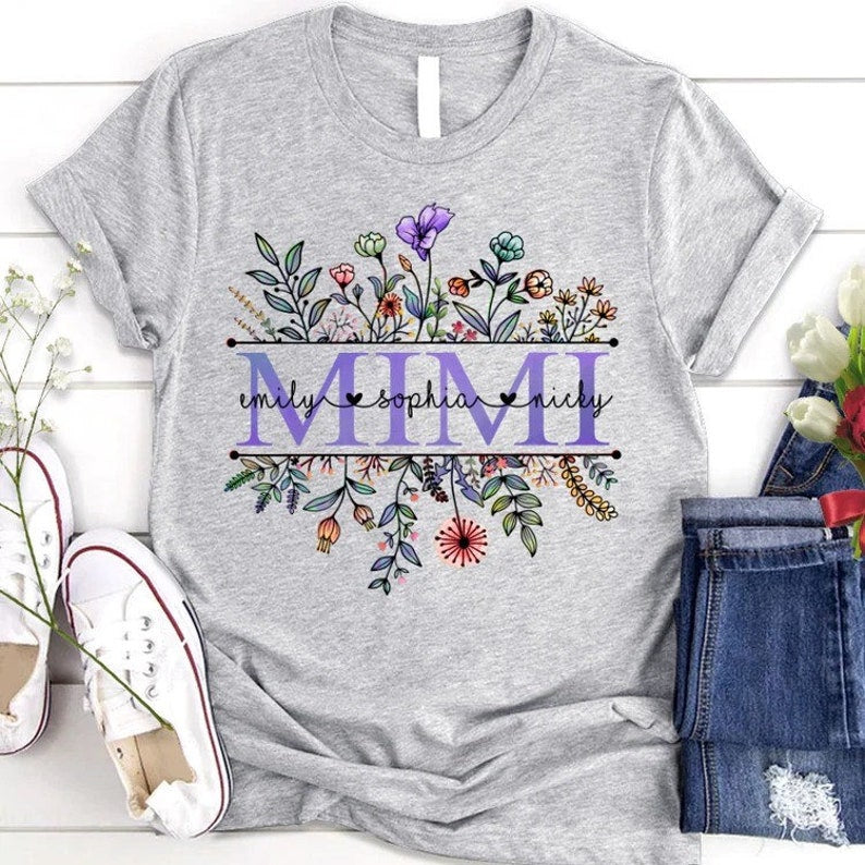 Personalized Mimi With Grandkids Wildflower T-Shirt, Grandma Shirt Floral Version Custom Kidnames, Mothers Day Shirt, Gift For Mom