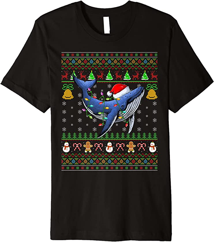 Funny Whales Fish Lover Xmas Santa Hat Whales Ugly Christmas Premium T-Shirt