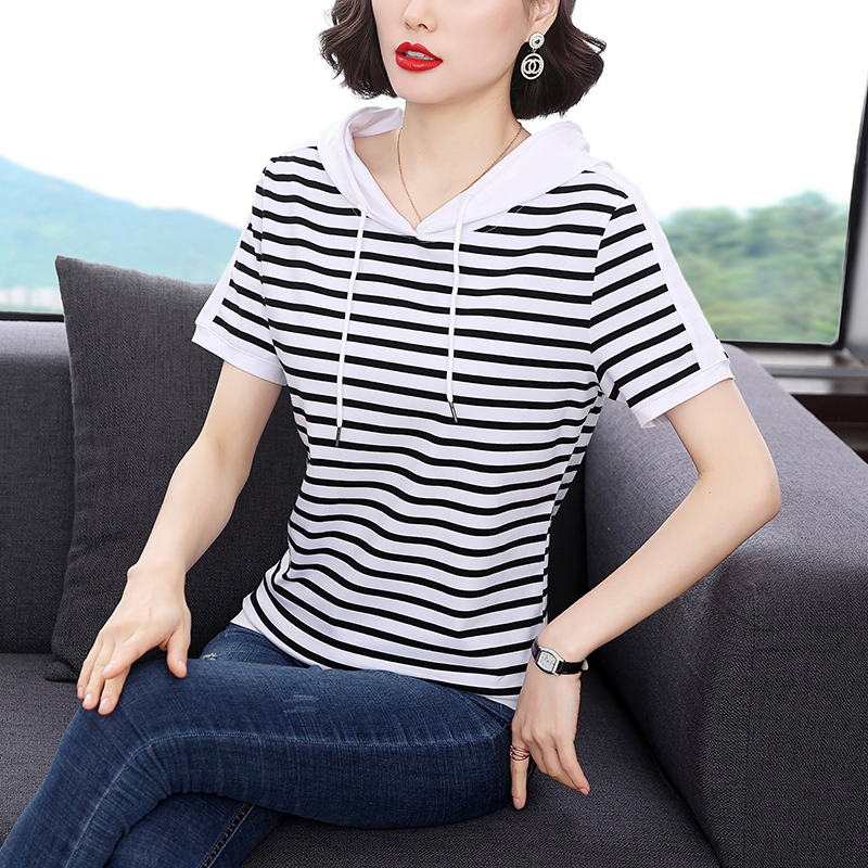 Woman Hooded Cotton Fashion 2022 New Summer T Shirts Female Black White Striped Short Sleeve Tee Shirt Feminine Loose M-4XL Tops alx