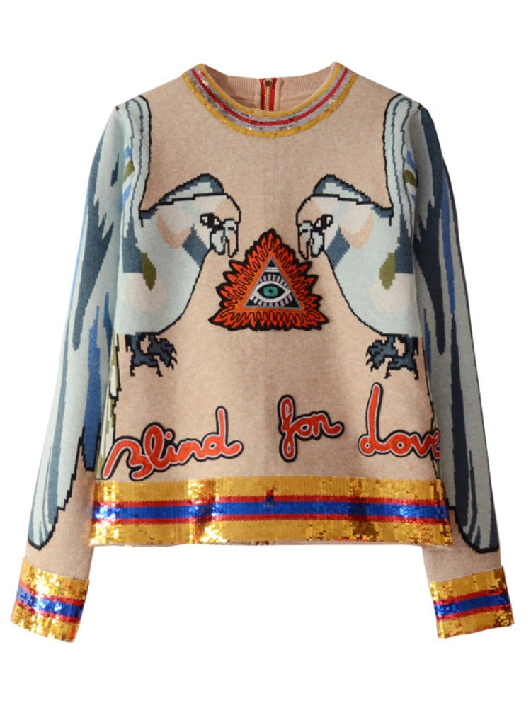 Sweatshirt Contrasting Color Sequins Parrot Eyes Embroidery Chain Knitted Sweater Pullover