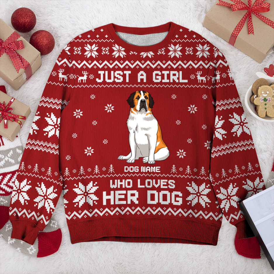 St Bernard Just A Girl Personalized Sweater, Dog Ugly Christmas Sweater