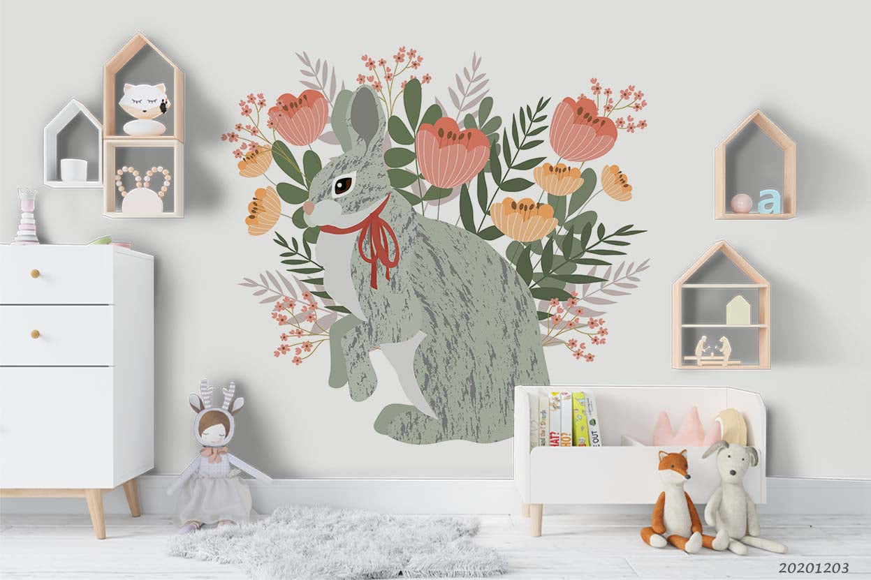 3D Cartoon Bunny Animal Colorful Floral Plant Wall Mural Wallpaper Lxl