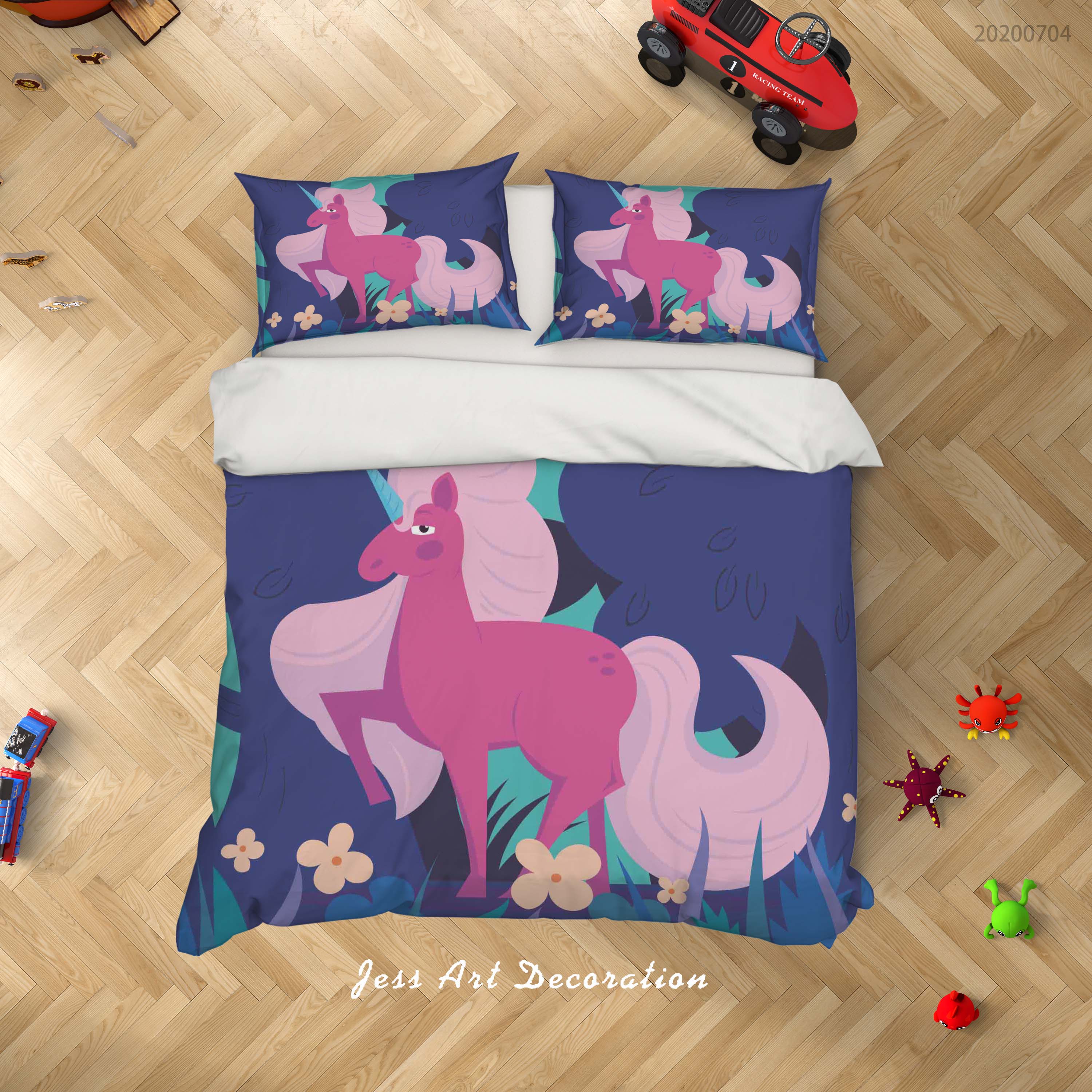 3D Blue Pink Floral Unicorn Quilt Cover Set Bedding Set Duvet Cover Pillowcases Sf145